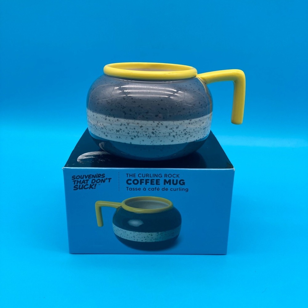 Souvenirs That Don't Suck! The Curling Rock Hand-Painted Ceramic Coffee Mug NEW